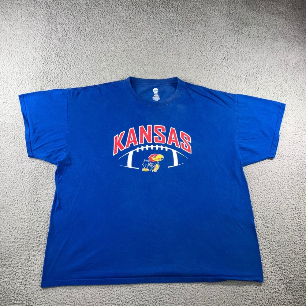 NCAA Kansas Jayhawks T-Shirt Men 3XL Blue Football Graphic S/S Cotton Faded Wash